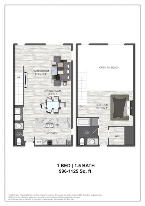 Floor plan for 1 bed, 1.5 baths, 1125 sqft